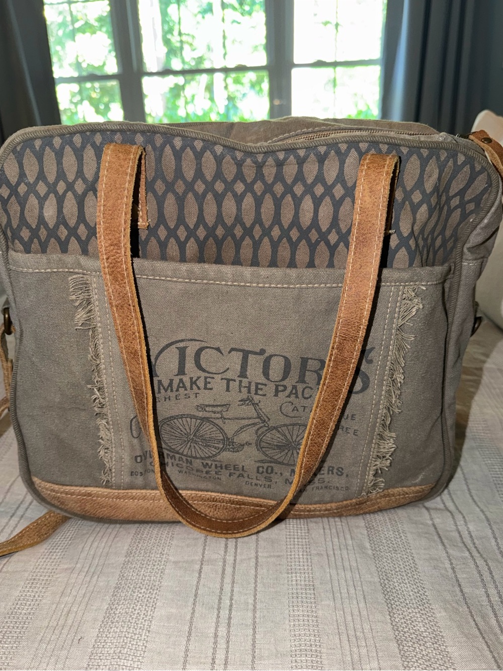 Large Myra “Victors” Upcycled Canvas/Leather Tote/Crossbody/Laptop Bag
